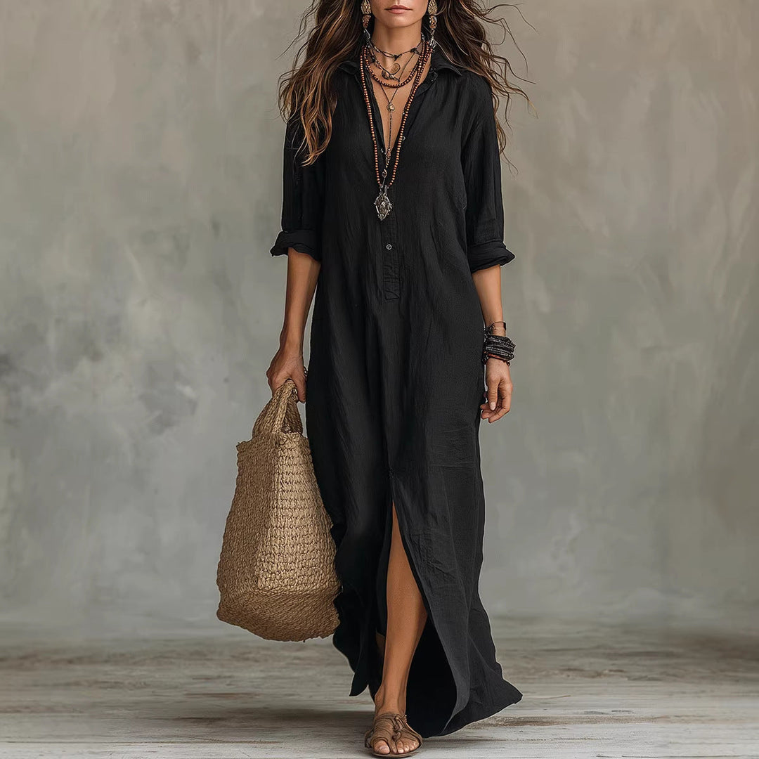 Women's flowy button-down long shirt dress with stylish side slit, perfect for spring/summer fashion.
