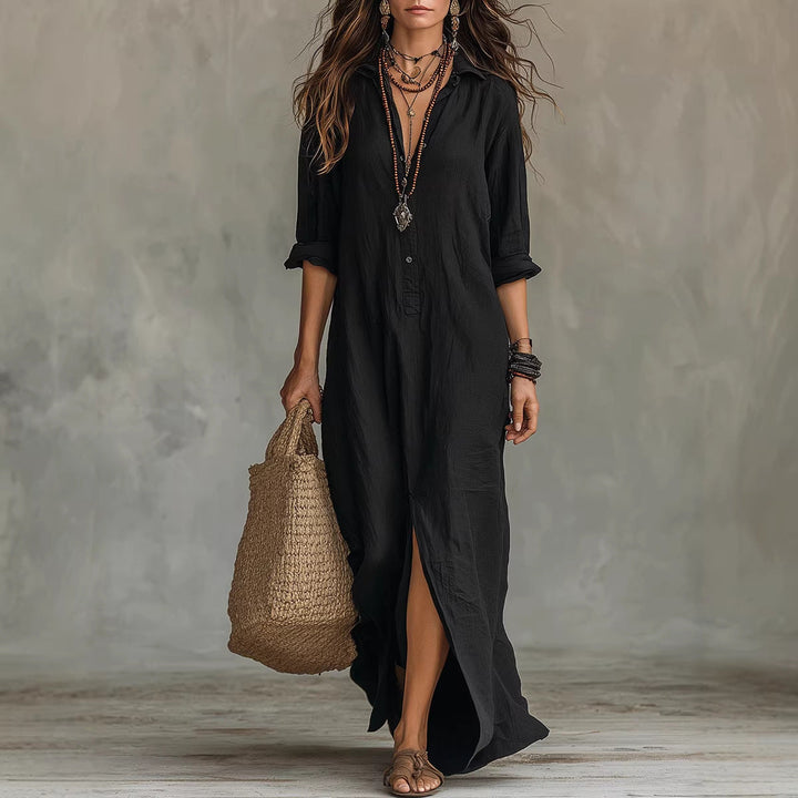 Women's flowy button-down long shirt dress with stylish side slit, perfect for spring/summer fashion.