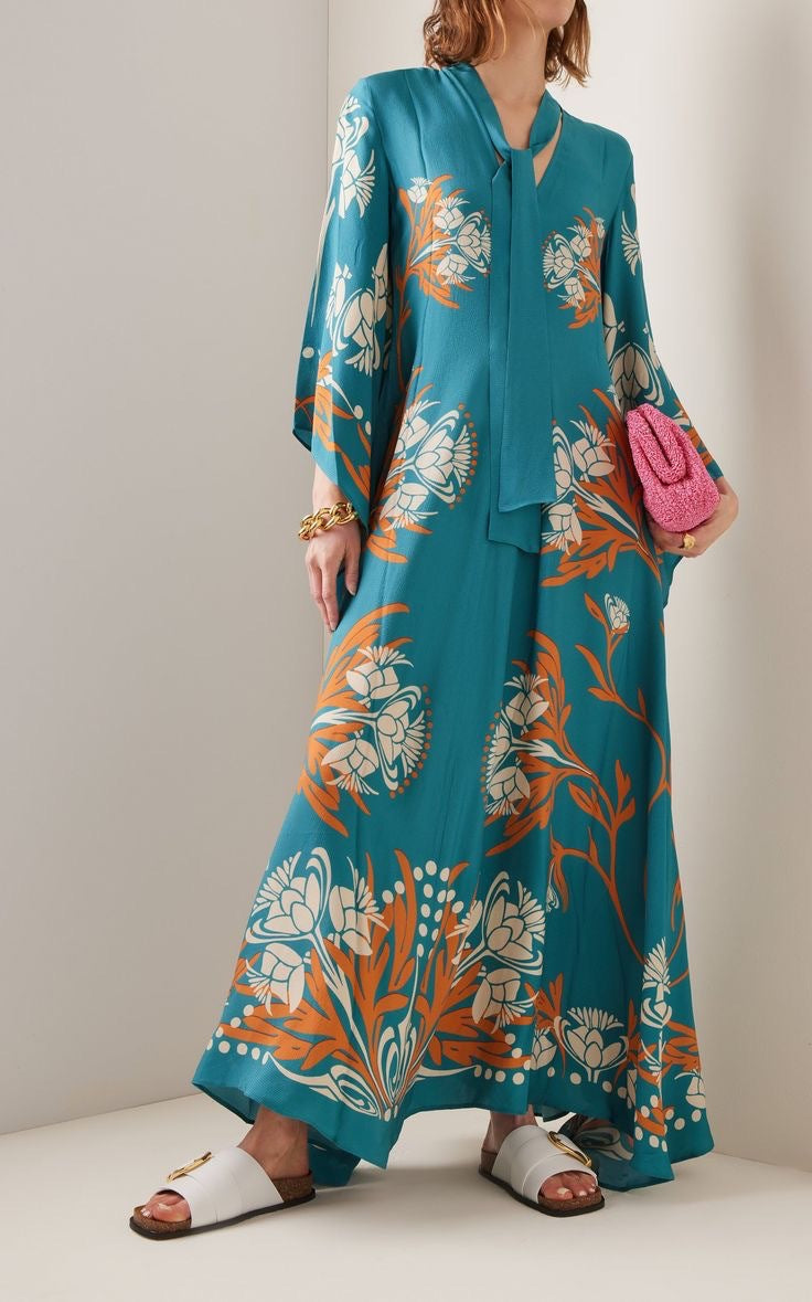 Printed three-quarter sleeve elegant women's maxi dress, comfortable and stylish for daily wear.