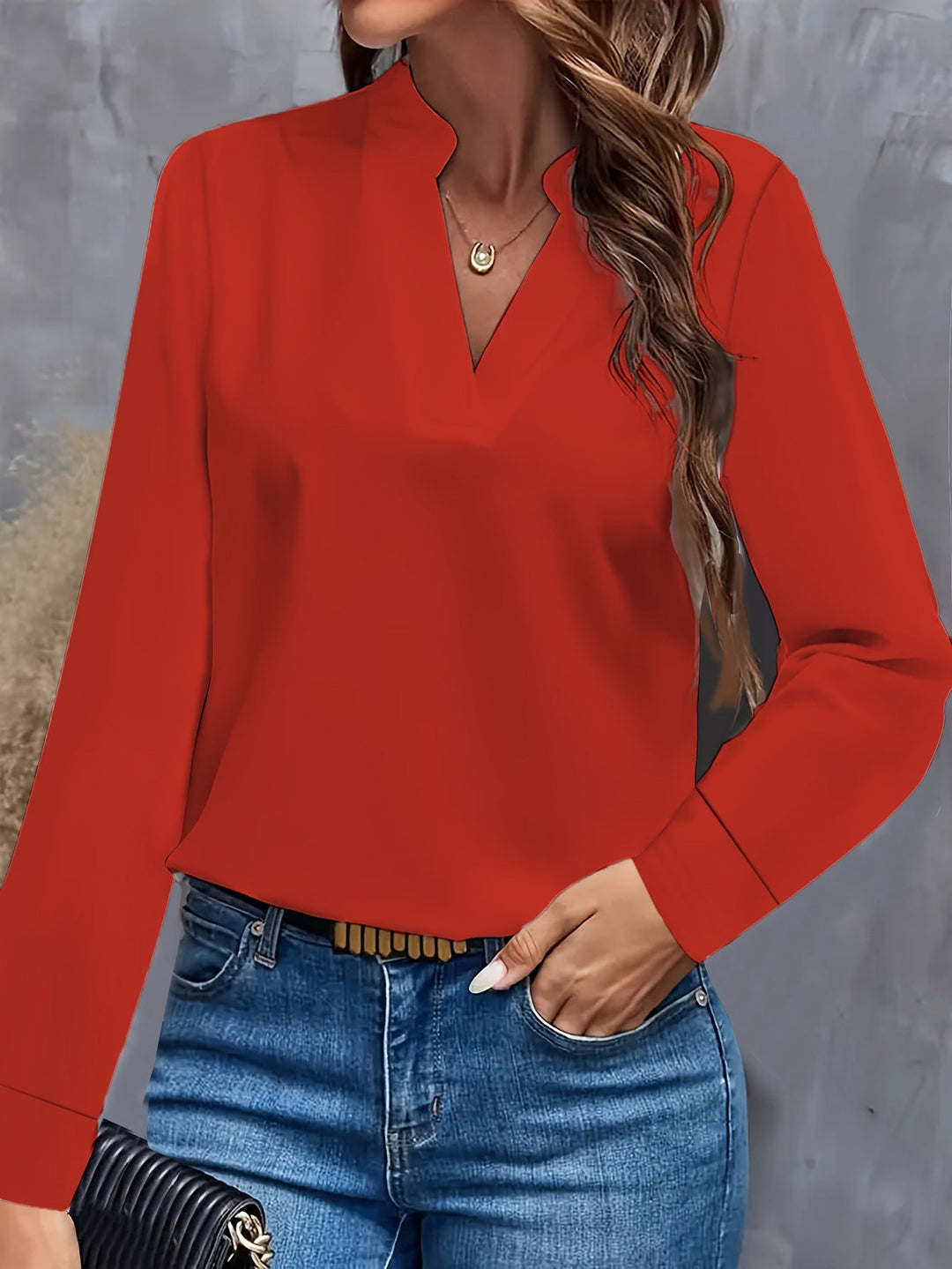 Versatile women's long sleeve blouse with elegant stand-up collar, suitable for office wear & everyday style.
