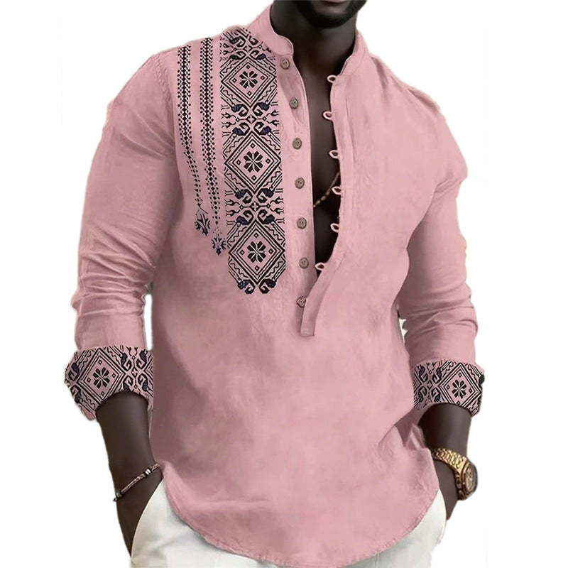 Modern men's long sleeve patterned shirt, combining ethnic design with contemporary style for a unique look.