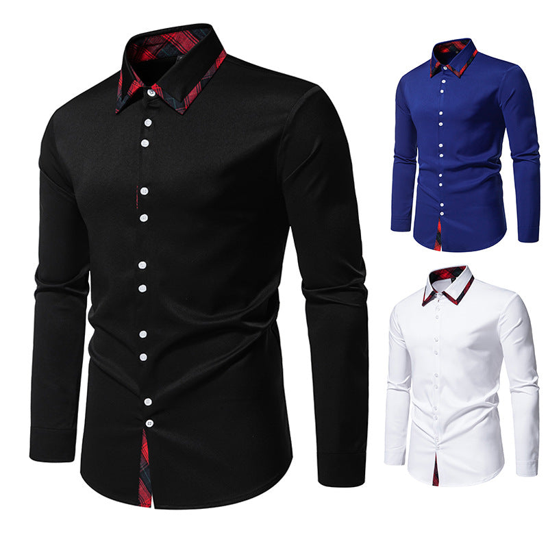Men's elegant long-sleeve shirt with stylish checkered collar. Versatile men's fashion for casual or office wear.