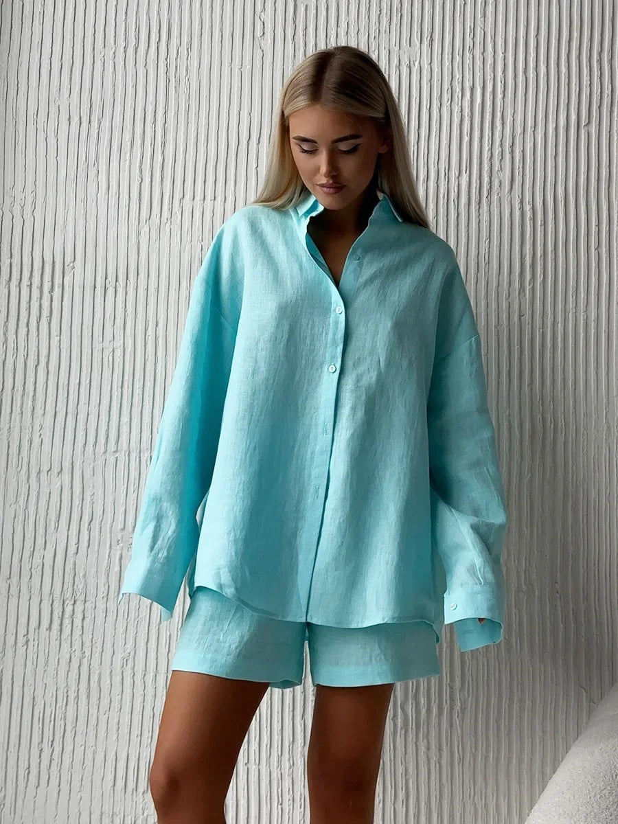 Fashionable women's casual summer set: stylish blouse and shorts. Great for beach or everyday activities.