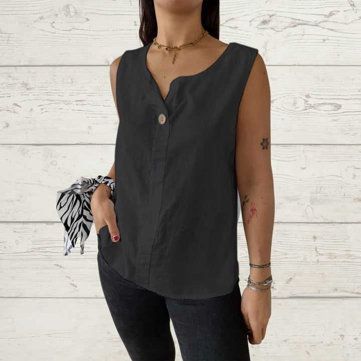 Round neck lightweight sleeveless top for women with stylish button details. Chic choice for casual wear.