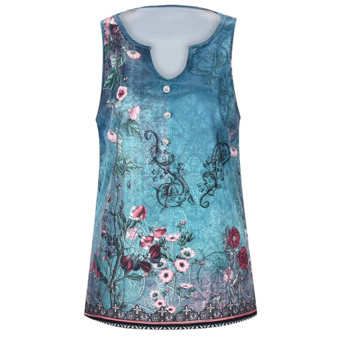 Feminine floral sleeveless V-neck blouse for women, an elegant top ideal for chic summer fashion.