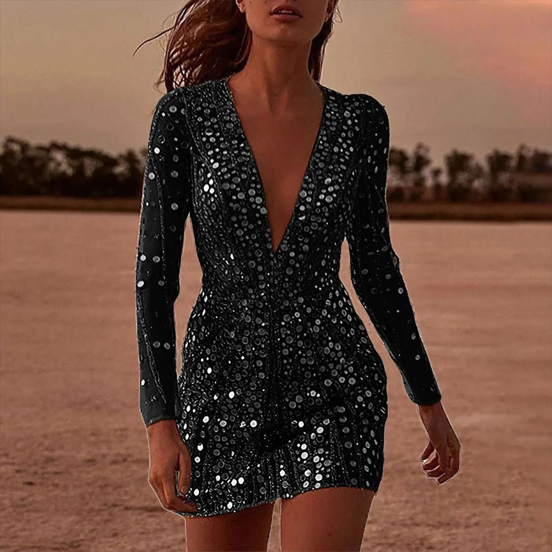 Sparkling women's V-neck long sleeve sequin party dress, an exquisite evening gown for special occasions.