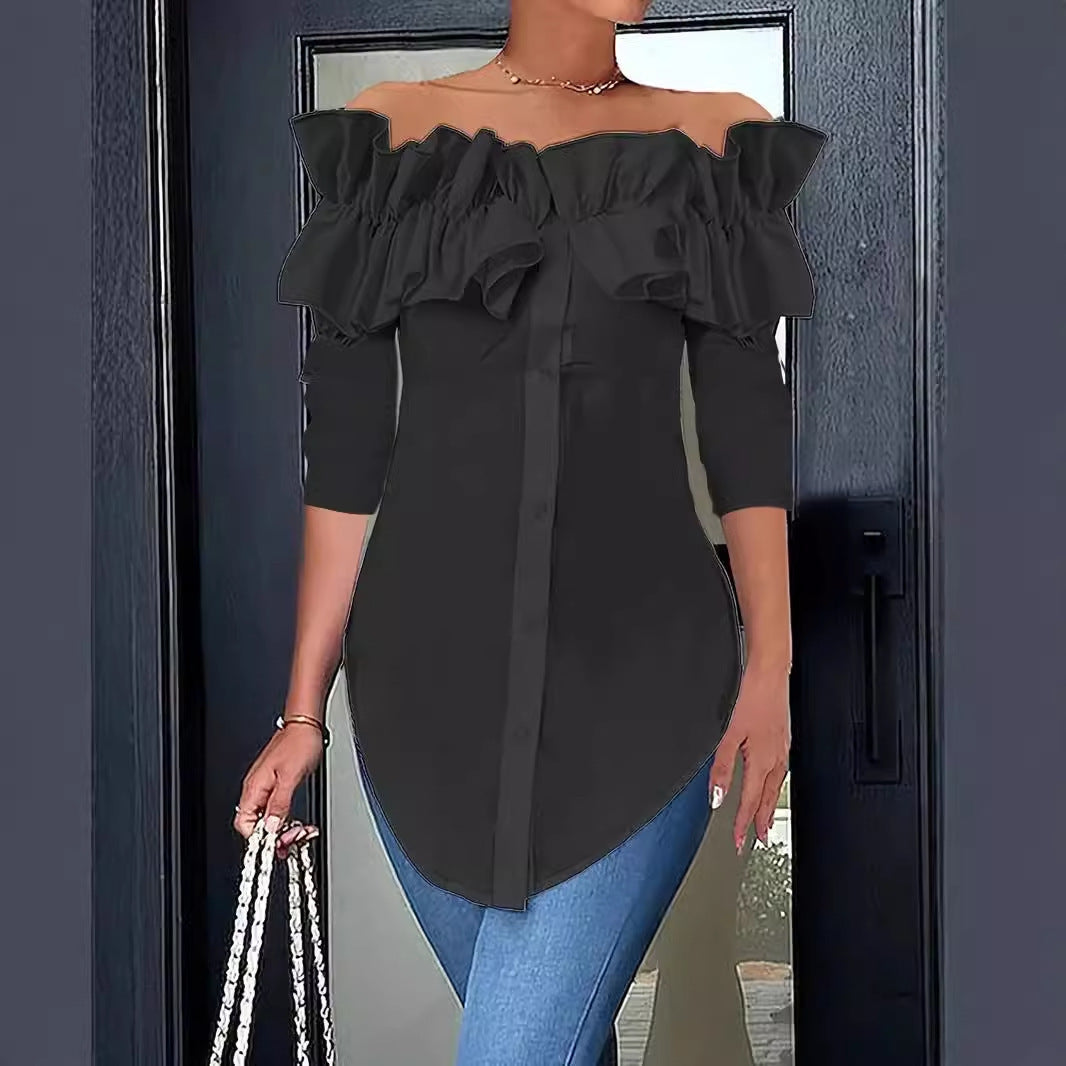 Women's elegant off-shoulder blouse featuring ruffles and three-quarter sleeves, with a stylish button placket.