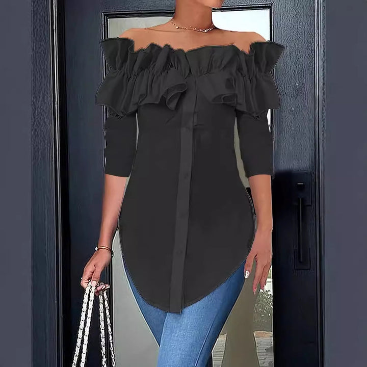 Women's elegant off-shoulder blouse featuring ruffles and three-quarter sleeves, with a stylish button placket.