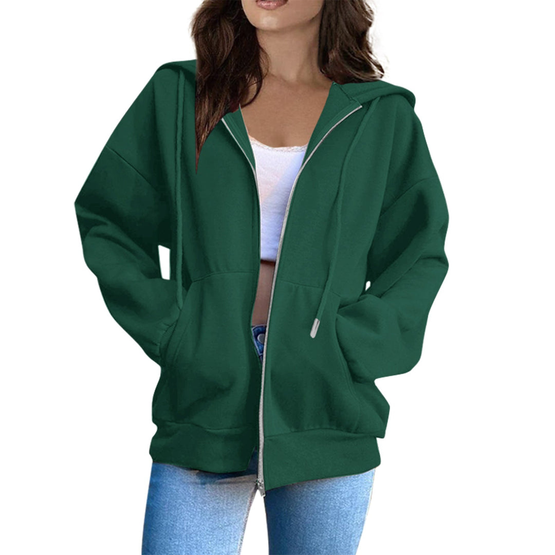 Autumn women's oversized hoodie jacket, chic and cozy. Features drawstring hood.