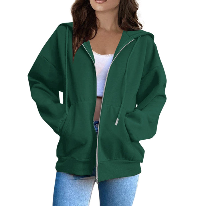 Autumn women's oversized hoodie jacket, chic and cozy. Features drawstring hood.