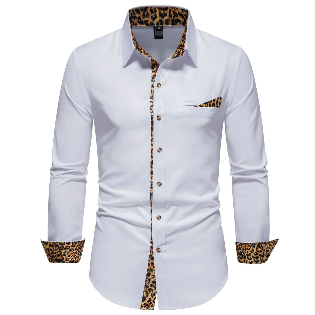 Men's elegant long-sleeve button-up shirt with unique leopard print trim on collar & cuffs, perfect for stylish men.