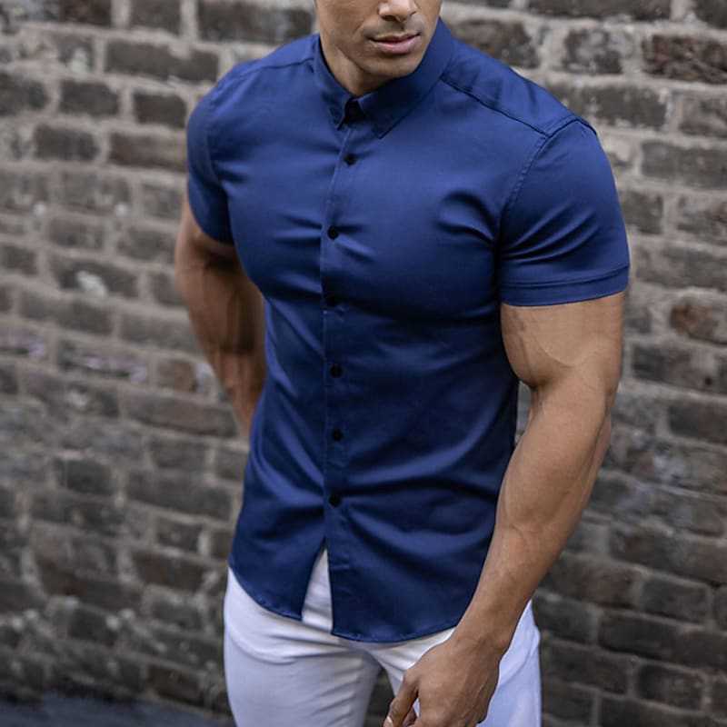 Versatile men's slim fit short sleeve shirt, ideal for a modern casual look or smart summer fashion.