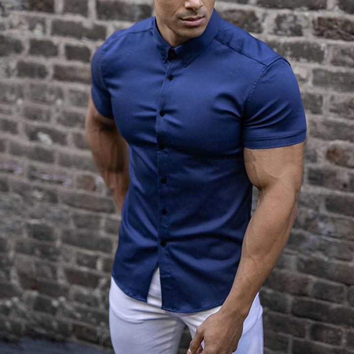 Versatile men's slim fit short sleeve shirt, ideal for a modern casual look or smart summer fashion.