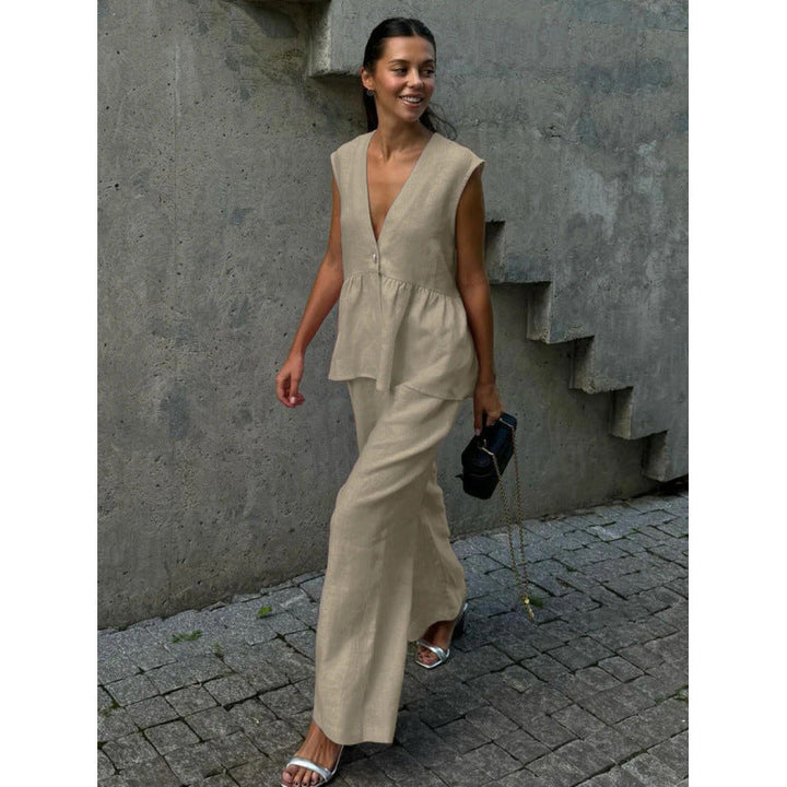 Versatile women's casual set: stylish V-neck top & wide-leg lounge pants for ultimate comfort.