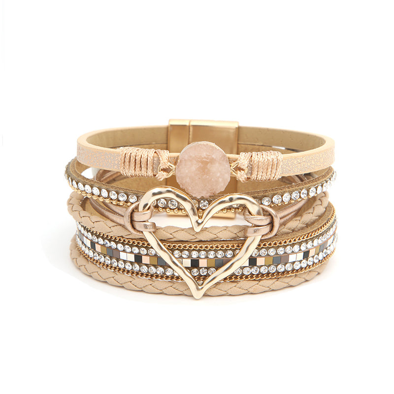Chic women's bohemian bracelet with natural stone beads, accented by a lovely rhinestone heart charm.