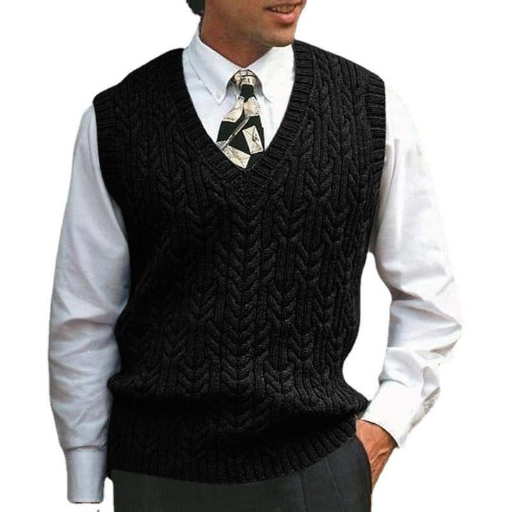 Men's timeless cable knit vest, a versatile v-neck layering piece for modern fashion.