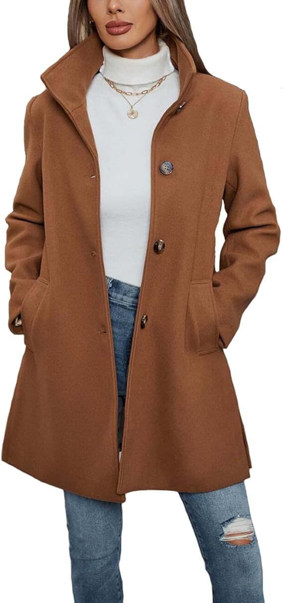 Versatile women's high-collar long coat, practical pockets, perfect for classic autumn/winter outerwear.
