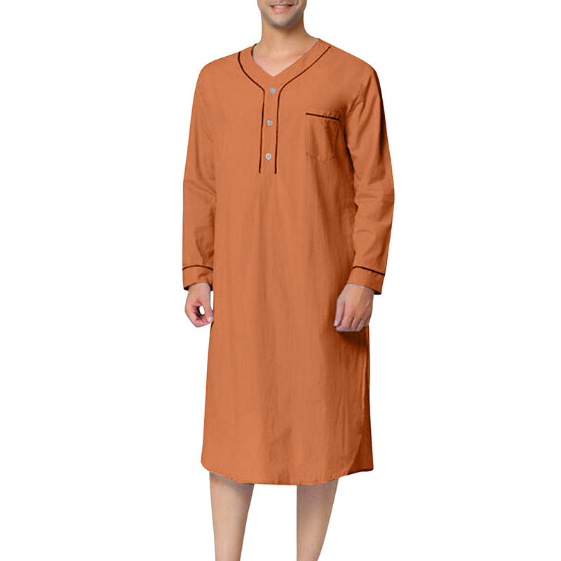 Relaxed fit men's sleepwear nightgown in soft cotton blend. Easy care, with button placket & chest pocket.