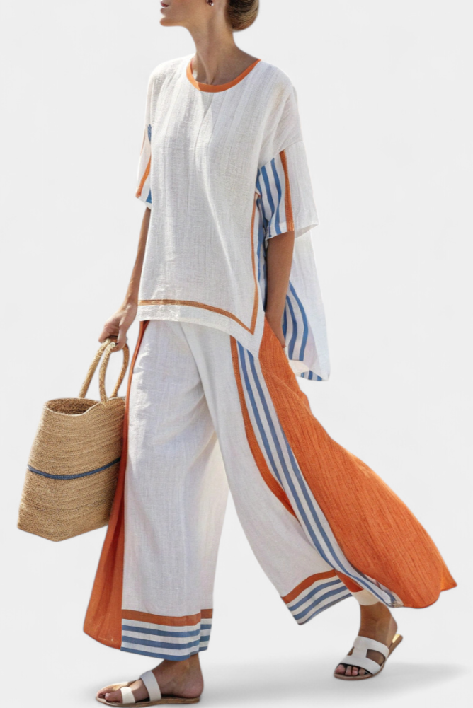 Women's effortless wide-leg striped pants set, perfect for summer casual wear with a short sleeve top.