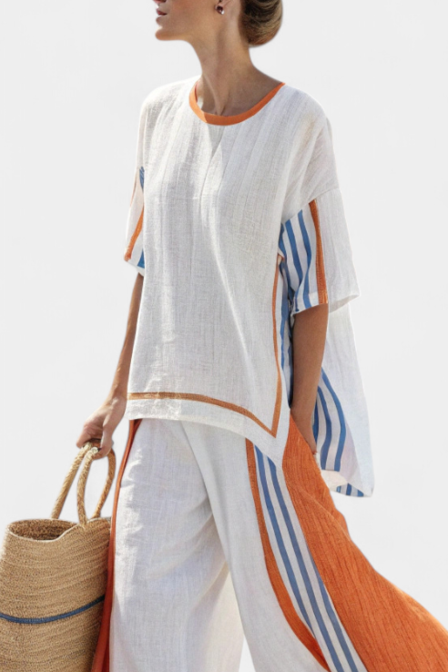 Bohemian style women's two-piece striped pants set, ideal for spring/summer fashion and relaxed outings.