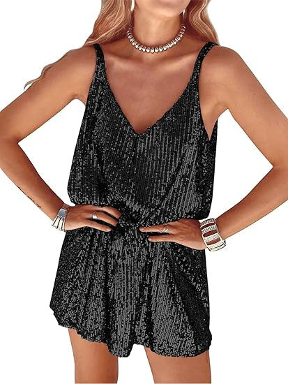 Sophisticated shimmering jumpsuit with a deep V-neck and elastic waist, designed for elegant appeal.