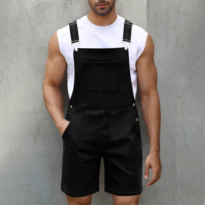 Back view: Men's stylish denim overalls, showcasing adjustable straps & unique back pocket design.