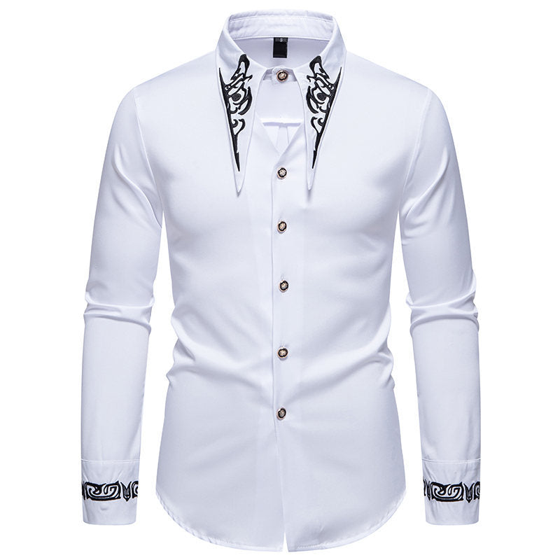 Smart casual men's dress shirt with a stylish patterned collar, ideal for professional or evening wear.