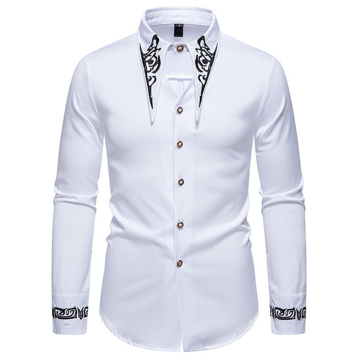 Smart casual men's dress shirt with a stylish patterned collar, ideal for professional or evening wear.