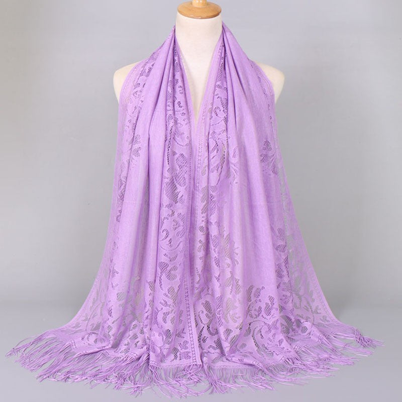 Beautiful women's floral lace scarf, featuring elegant fringed edges, a versatile fashion accessory.