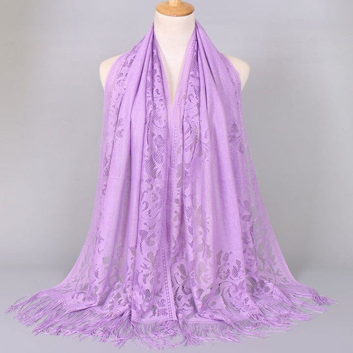 Beautiful women's floral lace scarf, featuring elegant fringed edges, a versatile fashion accessory.