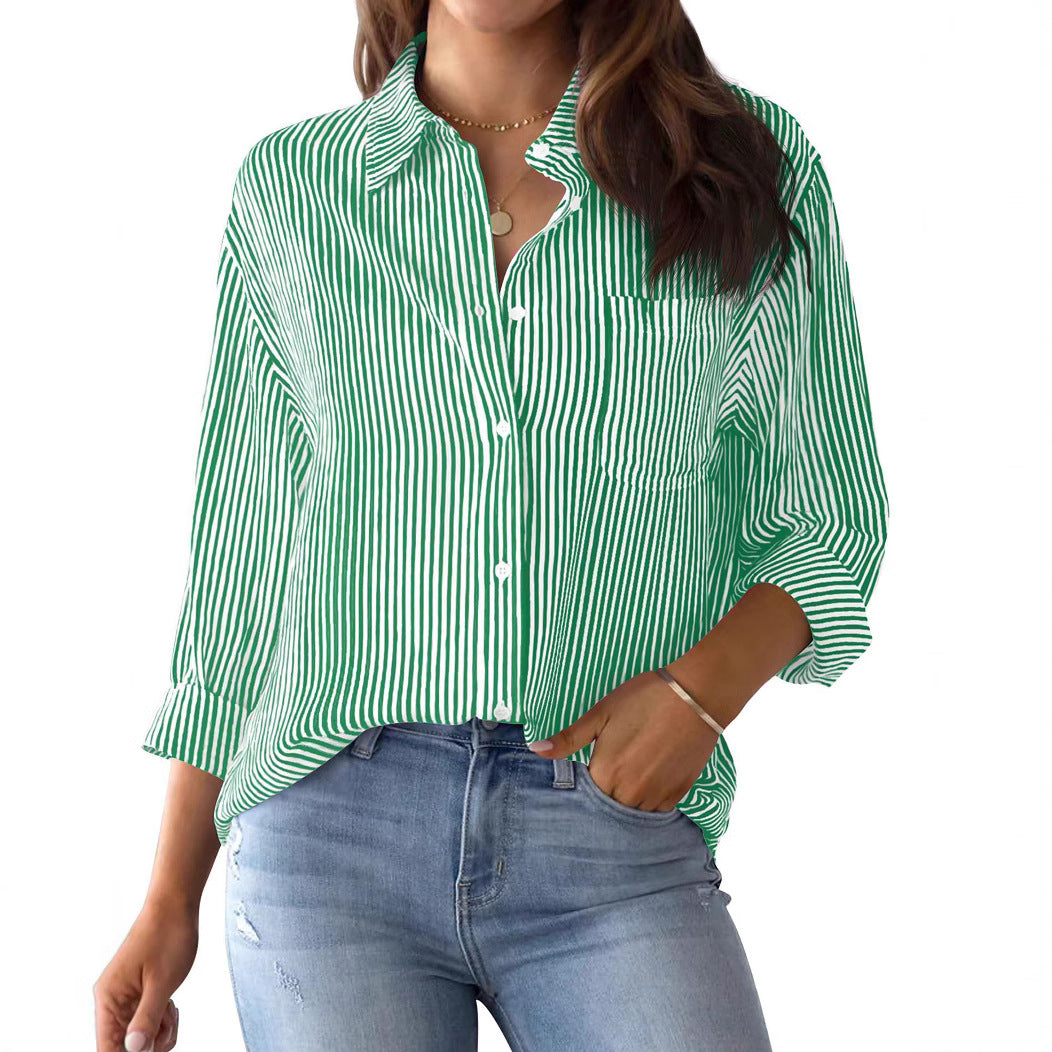 Lightweight women's striped shirt, loose-fitting, ideal for summer fashion.