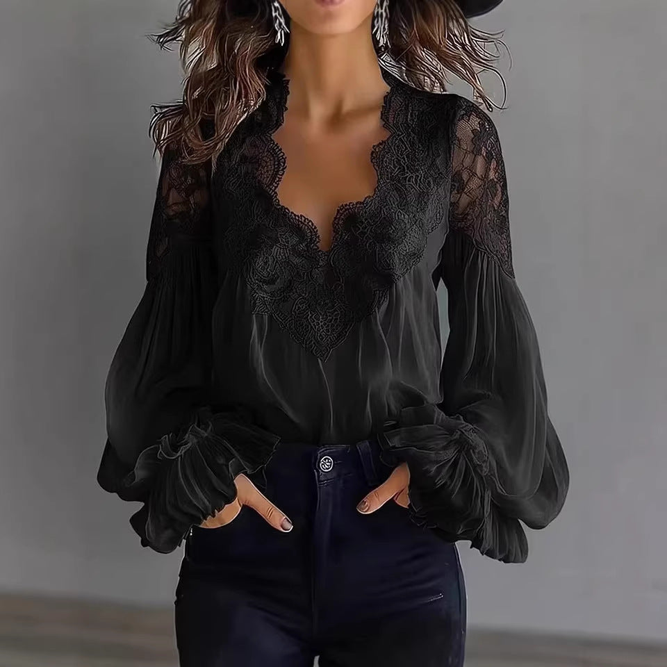 Chic white lace blouse for women, featuring delicate ruffle sleeves and a flowing design for summer style.