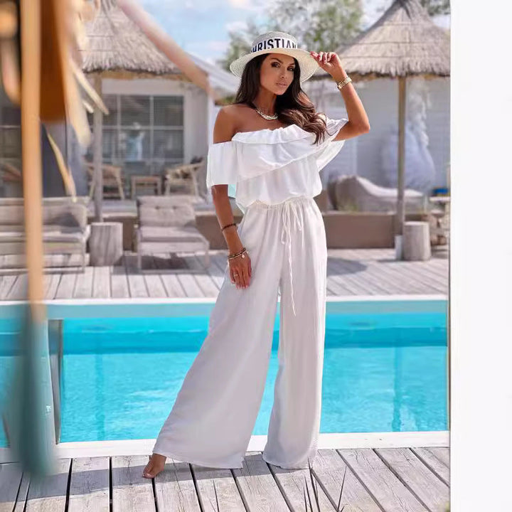 Versatile women's off-shoulder jumpsuit with wide legs. Elegant design for both casual & evening wear. Womens fashion.