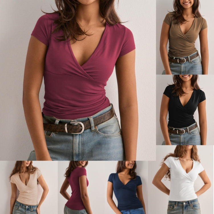 Women's Form-Fitting V-Neck Wrap Top, an elegant & versatile long sleeve blouse perfect for casual or evening wear.