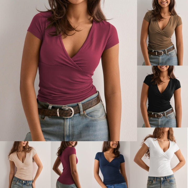 Women's Form-Fitting V-Neck Wrap Top, an elegant & versatile long sleeve blouse perfect for casual or evening wear.