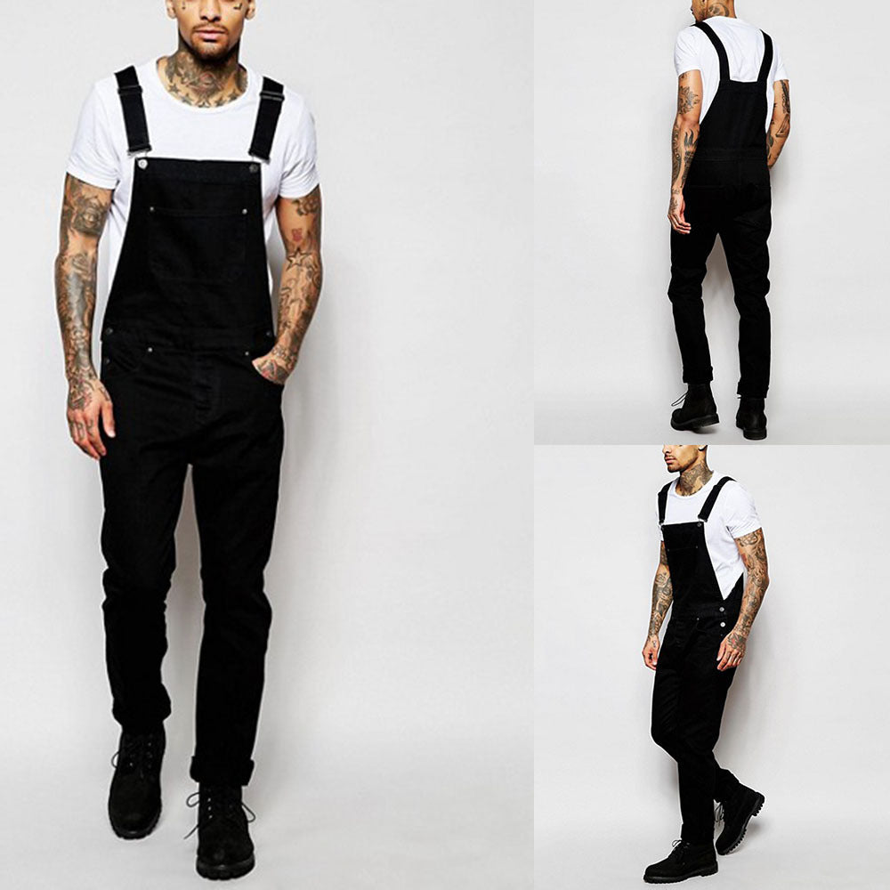 Men's black casual overalls, modern fit, with adjustable straps for a relaxed, comfortable everyday style.