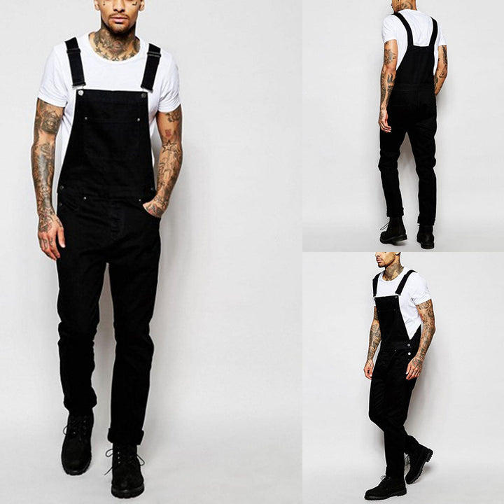 Men's black casual overalls, modern fit, with adjustable straps for a relaxed, comfortable everyday style.