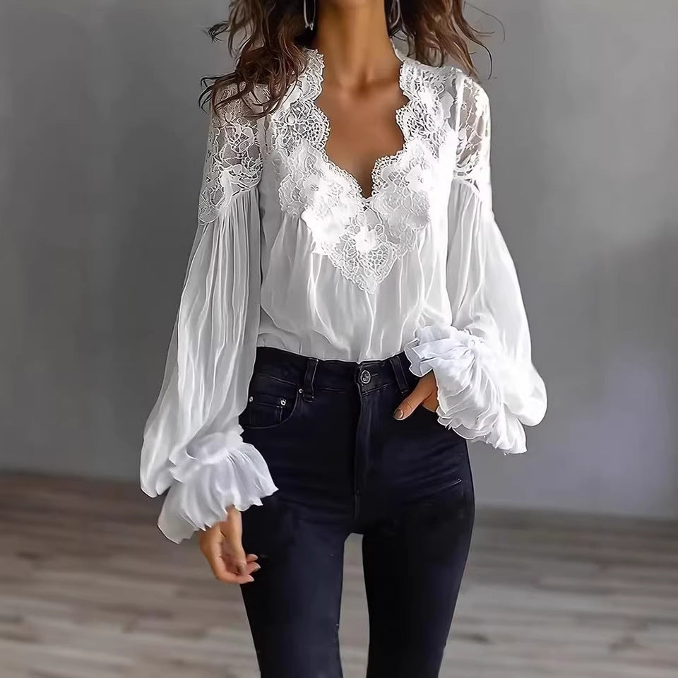 Women's flowing lace blouse with elegant ruffle long sleeves, perfect for chic spring fashion.
