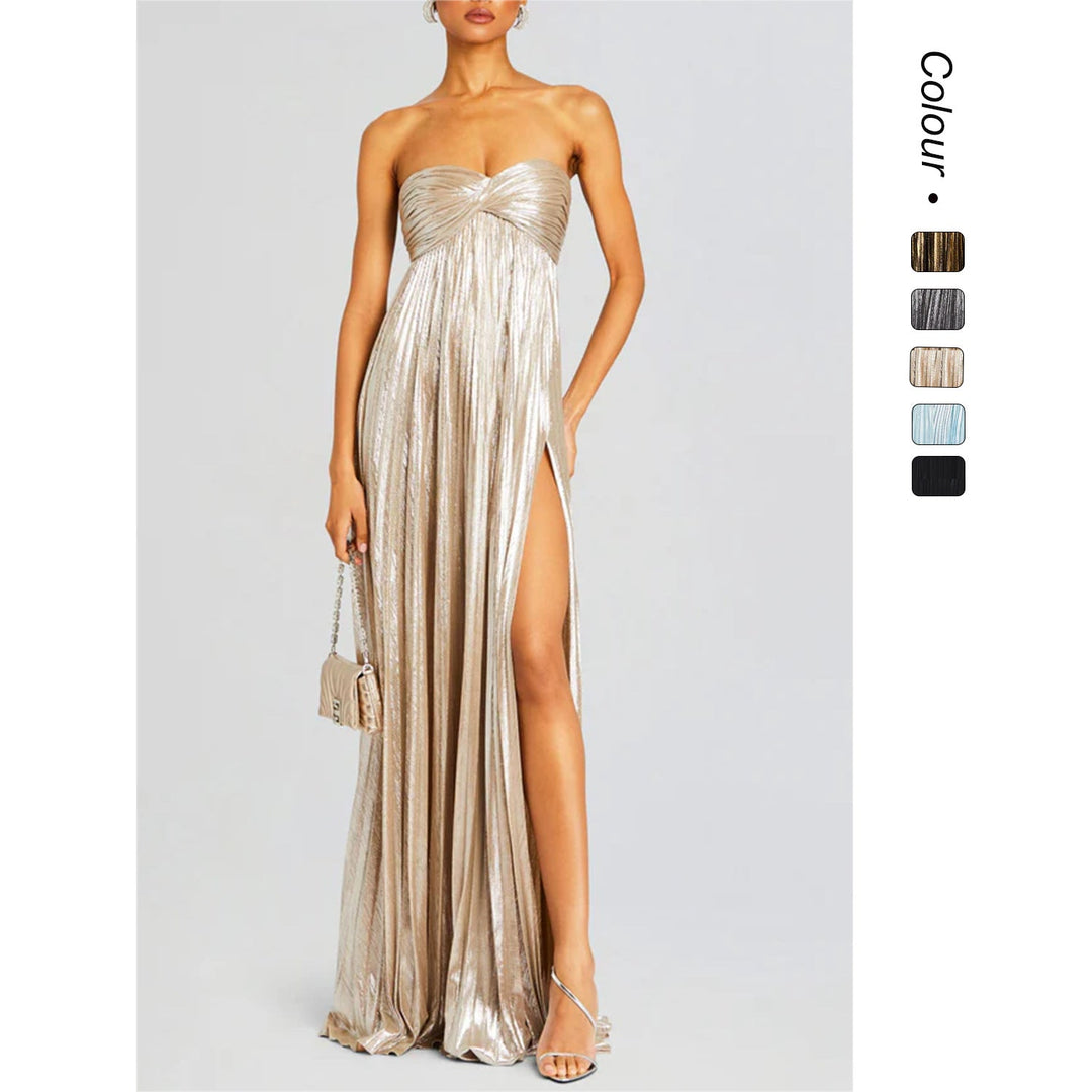 Women's elegant off-shoulder evening gown with a thigh-high slit, perfect for formal events.