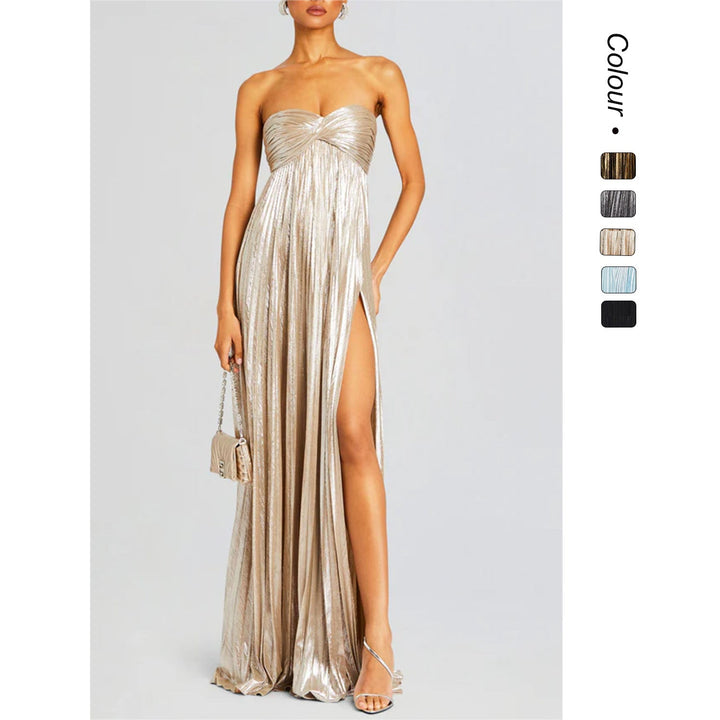 Women's elegant off-shoulder evening gown with a thigh-high slit, perfect for formal events.