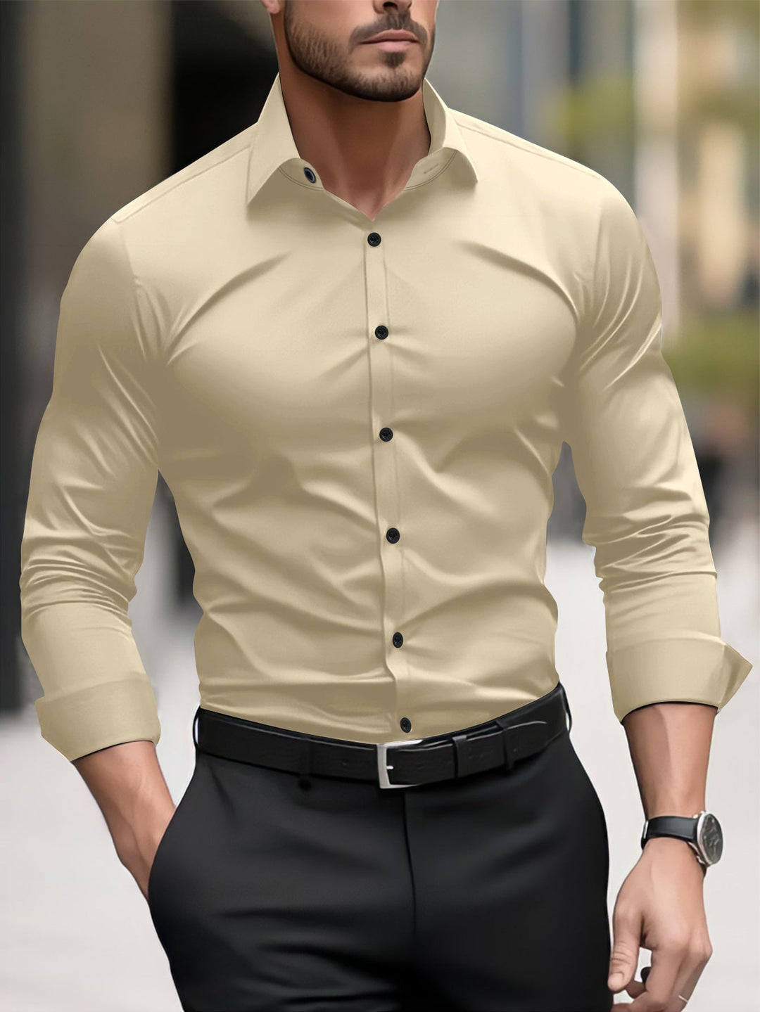 Contemporary men's long sleeve shirt with a modern slim fit, perfect for smart casual or formal events.