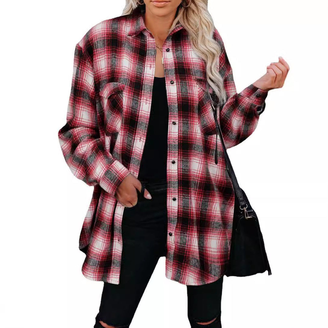 Women's versatile check pattern shirt jacket, button-up design with useful side pockets.