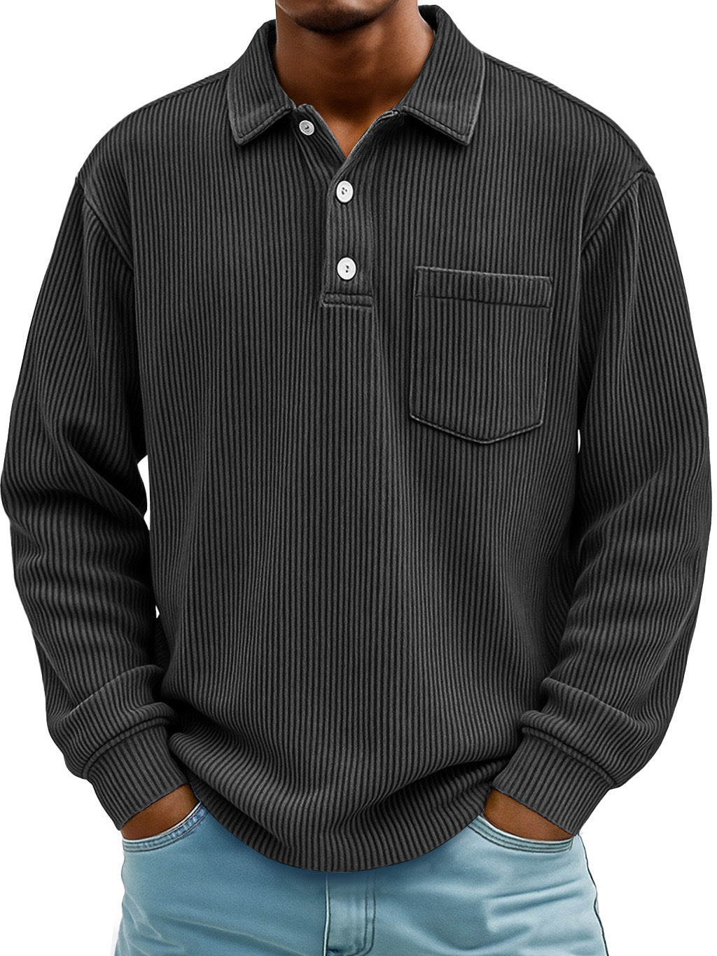 Men's smart casual long sleeve polo, chest pocket, versatile for various occasions.