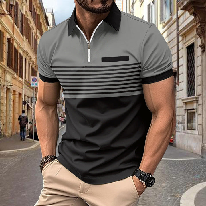 Stylish men's short-sleeve zip polo with modern contrast stripes, perfect for everyday fashion.