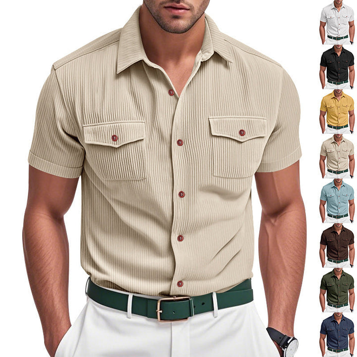 Men's stylish striped short sleeve shirt with dual chest pockets, perfect for casual summer wear.