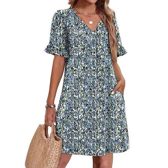 Lightweight women's floral V-neck summer dress, a short sleeve, easy-care option for sunny days.