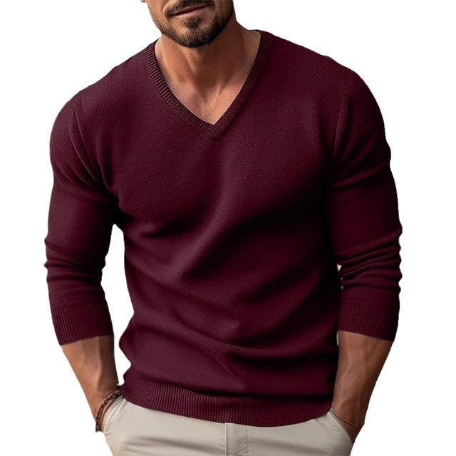 Soft knit men's V-neck pullover sweater, offering comfort and stylish layering piece.