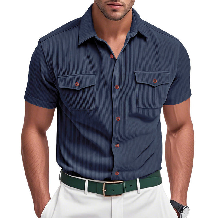 Men's short sleeve striped shirt with two chest pockets. A stylish and comfortable top for casual summer days.