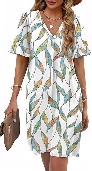 Casual women's floral print V-neck summer dress, perfect for beach days or relaxed vacation wear.