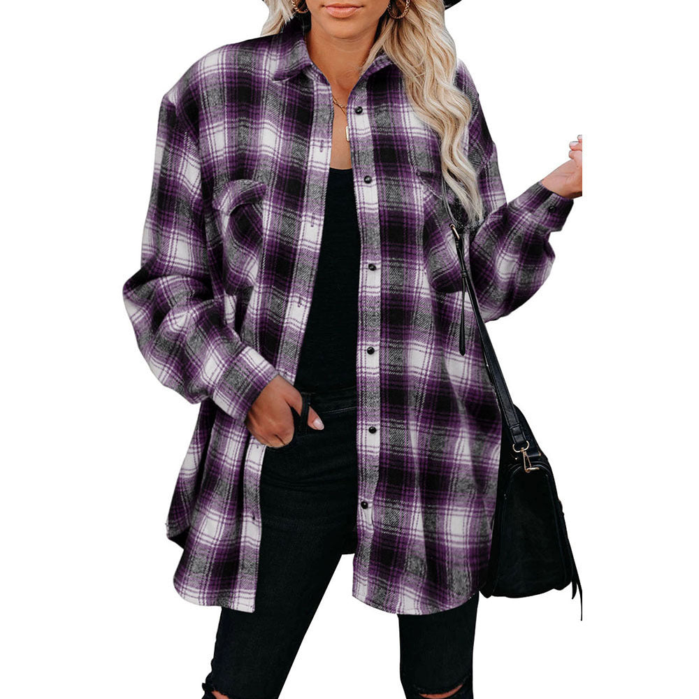 Women's comfortable plaid check shirt jacket with functional pockets, great for layering.